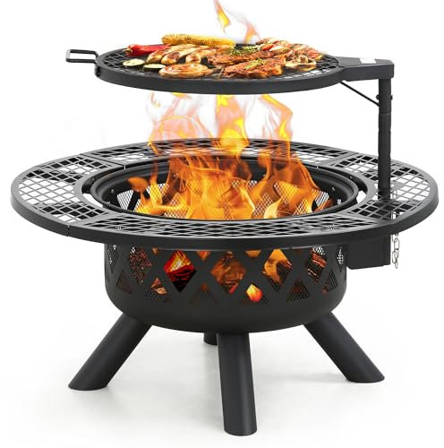 BALI OUTDOORS Chimenea de leña, chimenea para exteriores con parrilla de cocina, color negro