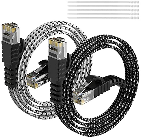 Elecan Cat 6 Flat Ethernet Cable 4 Feet/2 Pack, UL Listed Slim Patch Cord(from 2-300ft) Pure Copper, 10Gbps 500MHz,Nylon Braided Cat6 Cat5e Cat5 RJ45 Network Internet Cable+15 Ties
