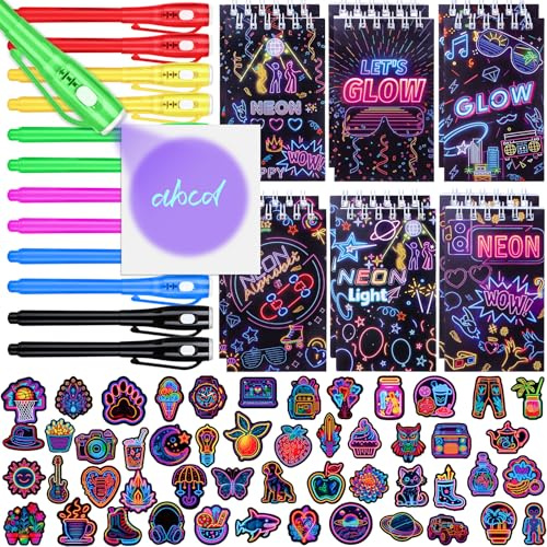 Tacobear UV Stift und Notizbuch 74 STK. Neon Mitgebsel Kindergeburtstag Jungen & Mädchen Mini Spirale Notizblöcke Zauberstifte Kinder Für Leuchtend Party Give Aways Kindergeburtstag Gastgeschenke
