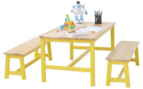 VEVOR Kindersitzgruppe Kindertisch, 2 Bänke 1 Tisch Kindersitzgruppe aus Massivholz, Kindertisch-Set Stabile Kindermöbel Sitzmöbel für Kinder, Mädchen, Jungen, Spielzimmer Kindermöbelset Gelb
