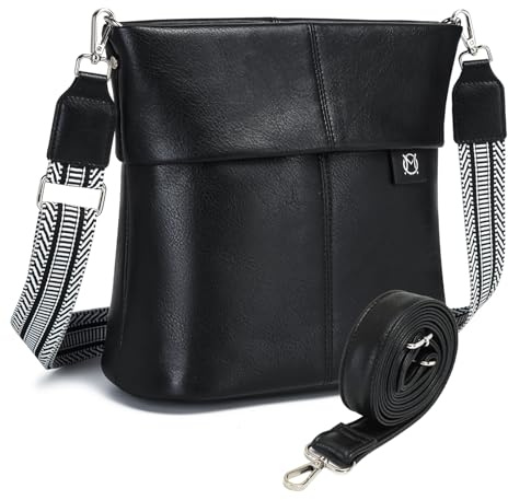 Myhozee Handtasche Damen Mittelgroß Umhängetasche - Leicht Schwarz Schultertasche Damen mit 2 Gurt, PU Leder Crossbody Bag Tasche Klein Damenhandtasche Uni Slouchy Bag für Frauen mit Breitem Gurt