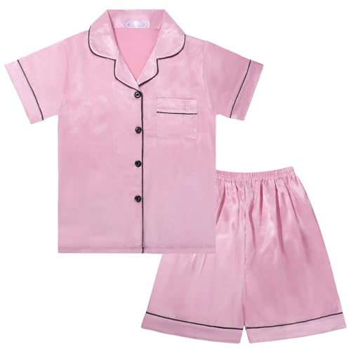 Risipu Silk Pyjamas Kids Set Unisex Short Sleeve Girls Pyjamas Solid Color for Kids (UK, Age, 9 Years, 10 Years, Regular, Pink)