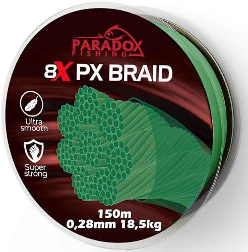 Paradox Fishing 8X PX geflochtene Angelschnur I Tarngrün 150M - 0,28mm - 18,5kg – Angelschnur geflochten- 8fach eng geflochten