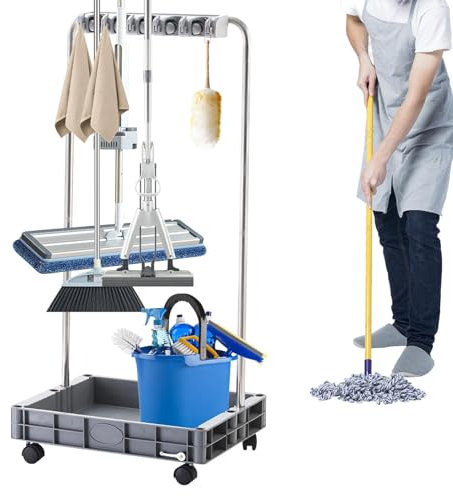 Soporte de fregona para escoba, carro de limpieza para el hogar, carrito de limpieza de gran capacidad, organizador de escobas, herramientas de almacenamiento para estaciones domésticas para