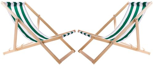 WOODOK Juego de 2 Tumbonas de Madera de Haya, Silla de Playa, Tumbona de Jardín, Patio, Balcón y Terraza, Plegable, hasta 120 kg (Rayas Verdes)