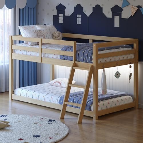 Vantic Low Bunk Bed with Guardrail and LED Light, Floor Toddler Bunk Bed Twin Over Twin with Wide Stairs, Convertible Soild Wooden Loft Bed for Kids with 6 Hooks, Space-Saving, Natural Wood