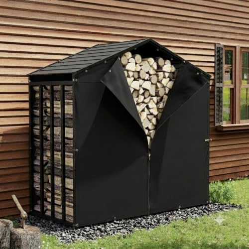 UDPATIO Metall vedhylla antracit 185 x 105 x 190 cm/3,2 m³ med metalltak – väderbeständig, med UV-resistent presenning, stapelstöd vedförvaring trälager för trädgård terrass