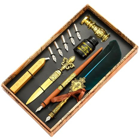 Pruojhw Fjäderkölbläckset | vintage kalligrafi fjäderpenna för att skriva, Quill Pen set innehåller dip penna, bläck, reservspetsar, vaxsigillpennor
