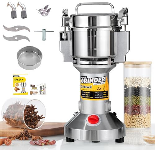 CGOLDENWALL Getreidemühle Elektrische 300g Standtyp Ultrafein Gewürzmühle für Getrocknete Kräuter/Gewürze/Getreide/Kaffee, Open-Cover-Stop/Überlastschutz, Edelstahl, 1500W Motor