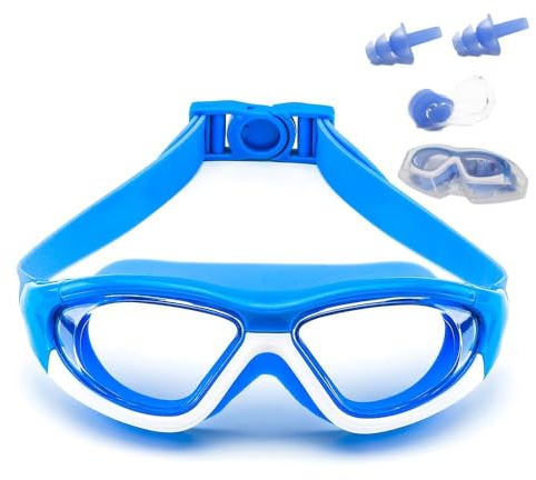 SIMAKARA Swimming Goggles Kids 6-14, Boys and Girls Swimming Goggles Age from 3 to 15 Years Old, Wide Vision, Anti-Fog, Waterproof, No Leaking, UV Protection-with FREE Case,Nose Clip Ear Plugs