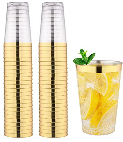 Gardenlovers 50 Stück Kunststoff Becher, 350ml, wiederverwendbare Trinkbecher zum Feiern, Hochzeiten, Picknick, Party, Camping, Geburtstag - Gold
