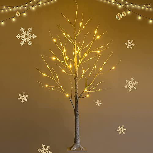 RELAX4LIFE Albero di Natale Nudo 120 cm con LED, Albero Realistico Con Rami Nudi senza Foglie in PVC, 48 Luci LED Bianco Caldo, Tronco Intero con Base di Radici per Feste, Bianco (120 cm)