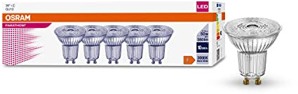 OSRAM LED-Reflektorlampen mit GU10 Sockel | energiesparend, langer Lebensdauer 15.000 H, Abstrahlwinkel 36°, warm weiß | PAR16 50 36 ° 4.3 W/3000 K GU10 in 5-Pack