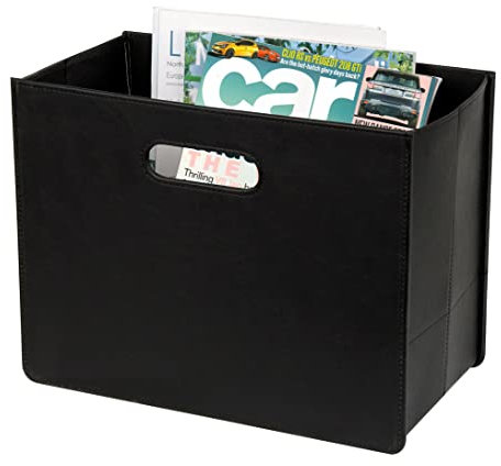 HofferRuffer Zeitungskorb aus Leder mit Griff, Zusammenklappbarer Zeitschriftenkorb Ständer 35 x 19 x 27 cm, Zeitungenaufbewahrung Organizer Schwarz