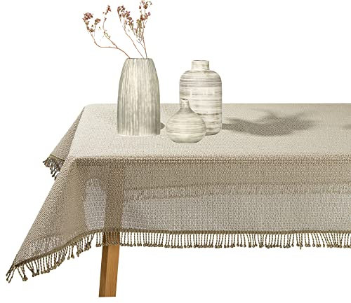 Gartentischdecke geschäumt eckig rund oval wetterfest rutschfeste Weichschaum Tischdecke abwaschbar Garten Balkon Outdoor Camping mit Fransen (Beige, Oval 140x180cm (BxL))