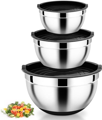Homikit Rührschüssel, 3-teilig Edelstahl Schüssel mit Deckel & Silikonboden, Schwarz Salatschüssel für Mischen Verrühren Servieren, 1L / 2,5L / 4,5L