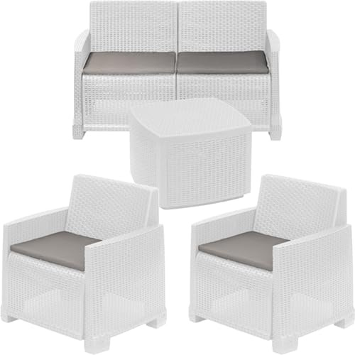 ipae progarden | Set Como, Salotto in Polipropilene effetto Rattan Intrecciato con Divano 2 posti, 2 Poltrone e Tavolino Contenitore - MADE IN ITALY (Bianco)