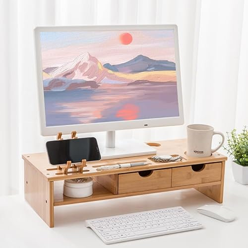 Monitorstativ i bambu, Datorhållare, Skärmställ för Datorskärm, Laptopstativ i Trä för Kontorsskrivbord med Smartphonehållare och Kabelhanteringshål, Kontorsmaterial, 22 x 50 x 14 cm