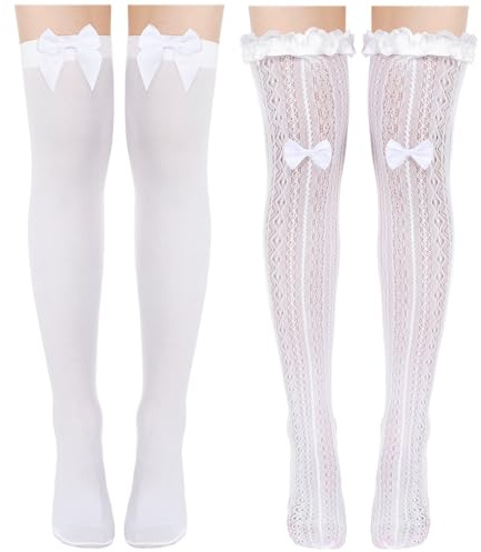 Suhine 2 Pair Oktoberfest Socks for Women German Dirndl Over The Knee Socks with Bows Lace Trim Ruffle Satin White Stockings(Bow)