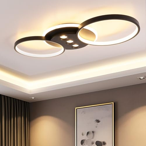 URing Deckenlampe LED Wohnzimmerlampe 3 Ringe Deckenleuchte Schwarz 60W Schlafzimmerlampe Dimmbar mit Fernbedienung - 60CM Modern Küchenlampe für Wohnzimmer Schlafzimmer Esszimmer