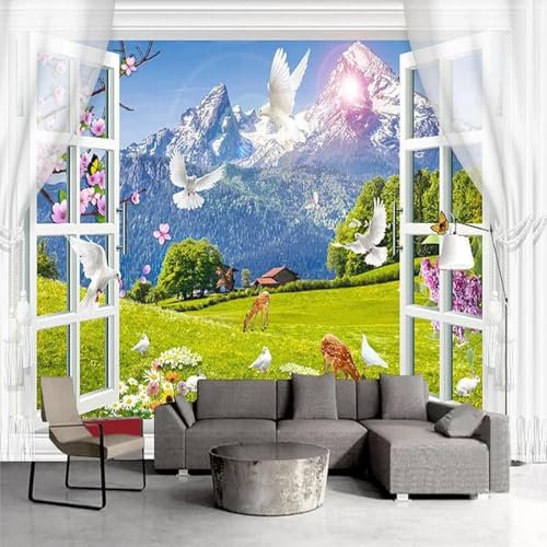 MIXUEXUNLU Wallpaper 3D Window Snow Mountain Grassland Animal Scenery Photo Wall Mural Living Room TV Sticker