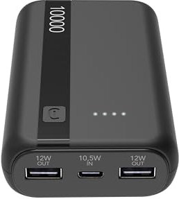 Cellularline - Power Bank 10000 - Capacità: 10000mAh - Input: 1xUSB-C 10.5W - Output: 1xUSB 12W - Celle: Li-ion Battery - LED luminosi indicano carica residua - Nero