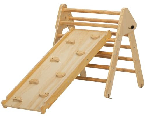 AIYAPLAY 3 en 1 Triangle Escalade Enfants, Rampe Double-Face pour Grimper & Glisser - Parcours motricité bébé en Bois, Aire de Jeux Enfant intérieur pour 18 à 48 Mois, Charge Max. 50 kg, Bois Naturel