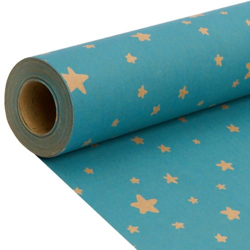 Gift Wrapping Paper Roll for Birthday, 43cm*15M Recyclable Blue Star Kraft Paper for Birthday, Christmas, Wedding Party Decoration