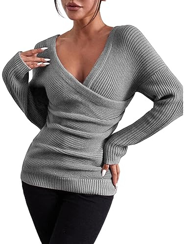 Maglione Donna Cashmere Maglione Peloso Donna Pullover da Autunno E Inverno Tinta Unita con Scollo A V vestibilità Comoda Lavorato A Maglioncino Maglia Allattamento Grey S
