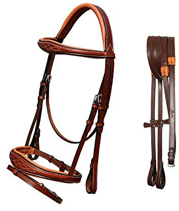 Exion Horse English Jumping Flash Bridle with Ergonomic Crownpiece, Soft Padded Anatomical Snaffle Noseband & Rubber Reins | Royal English Bridle (Oak Brown, Full)