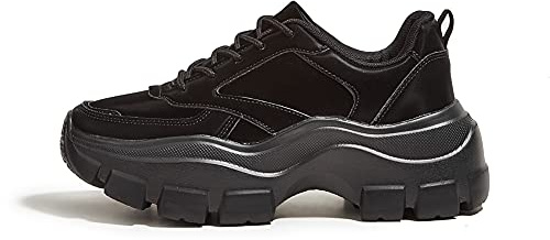 LUCKY STEP Zapatillas Deportivas de Plataforma Gruesa para Mujer Zapatos de Paseo Informales con Cordones (Negro, 8US-38EU-5UK)