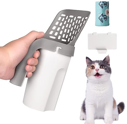 Premium Katzenklo Schaufel 2 in 1, Katzenstreuschaufelmit Behälter, Integrierter AAbnehmbarer Tiefer Schaufelhalter, Große Kapazität, Tragbar mit Nachfüllbeutel 15 Stück