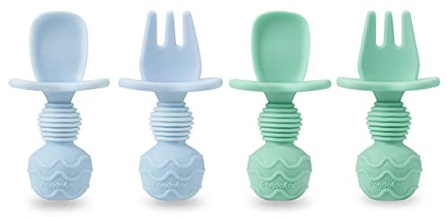 PandaEar silikon baby lernlöffel kinder besteckset, 4-teiliges Babylöffel und Gabel esslernbesteck - baby led weaning zubehör baby löffel selber essen von 3 Monaten