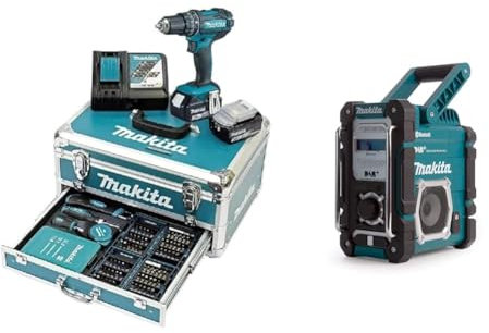 Makita DHP482RFX9 Akku-Schlagbohrschrauber 18V / 3,0 Ah, 2 Akkus + Ladegerät im Alukoffer + 96-tlg. Zubehör-Set & DMR112 Akku-Baustellenradio 7,2 V - 18 V mit DAB+ und Bluetooth, türkis