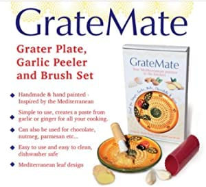 Garlic Grater Plate Set with Peeler and Brush for Grating Garlic, Ginger, Nuts, Chocolate. Handmade Original Design from Spain (Blue Multi 1)
