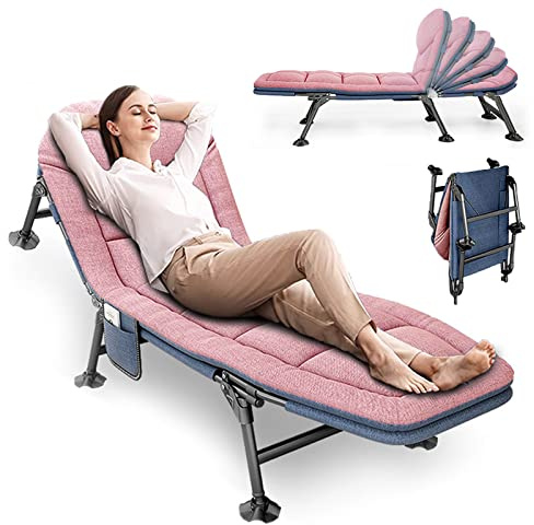 PERRTWDLF Fishing Camping Anglers Chair: Portable Reclining Bedchair with Pillow, Outdoor Fishing Sleeping Cot Travel Office with Adjustable Backrest, 6 Adjustable Levelling Feet (Pink), 210x67x38cm