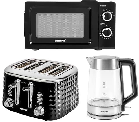 Geepas Electric Kettle 4 Slice Bread Toaster & Microwave Kitchen Set | 3000W 1.7L Illuminating Glass Kettle | 1750W Toaster with 7 Level Browning Control | 700W Solo Manual Dial Microwave 20L