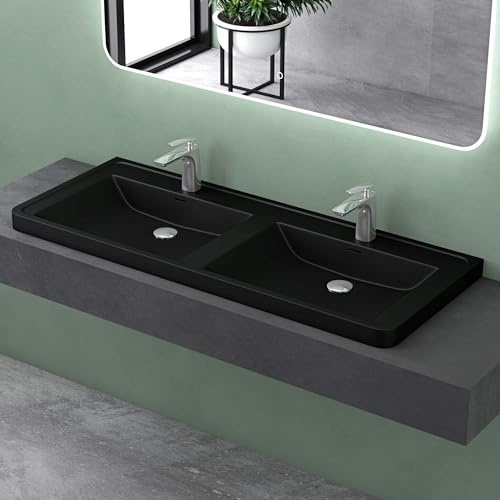 Mai & Mai Lavabo sobre Encimera Lavabo Empotrado Baño Lavabo Doble | Rectangular | Negro Mate | Mármol Fundido | 120x48x15cm | con 2 Orificios para Grifo con Rebosadero | Colossum08