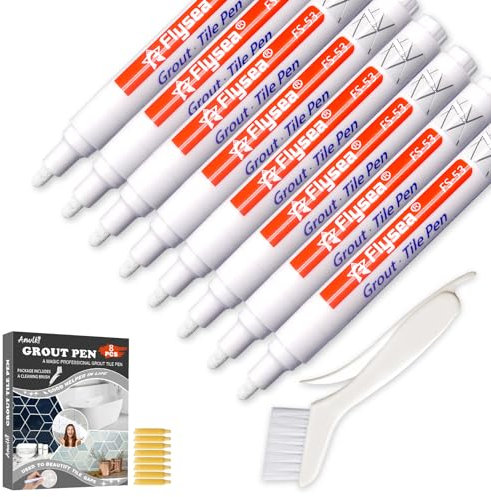 Anwlki 8 Stück Fugenstift Weiß mit 1 Reinigungsbürste und 8 Ersatzspitze, Wasserfest Fugenstift Fliesen Fugen Stift für Wand und Boden in Badezimmer, Küche, Wohnzimmer, Schlafzimmer (Weiß)