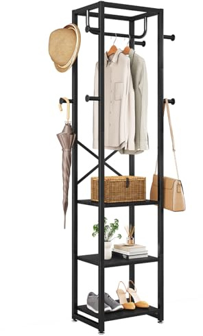 IBUYKE Coat Rack with Shelves, Freestanding Hall Tree with 3 Shelves and 8 Hooks, Industrial Clothes Stand for Entryway, Hallway, Bedroom, Black UTMJ088B