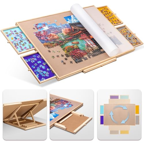 Tektalk Table de puzzle rotative avec support réglable intégré et couvercle amovible, table en bois à 3 angles d'inclinaison portable avec 4 tiroirs de tri, jusqu'à 1500 pièces