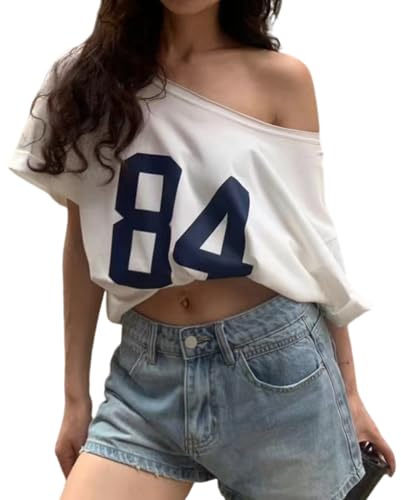 Una Spalla Oversize Tshirts Manica Corta Y2k Baby Tees Estate Crop Top Jersey off Shouder Graphic Tee Donne, Bianco, Taglia Unica