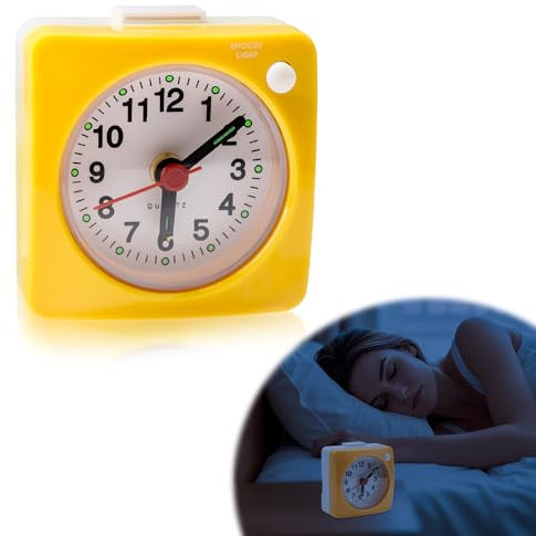 Small Travel Alarm Clock,Silent Luminous Bedside Clock Battery Operated Analogue Non Ticking Clocks with Snooze Nightlight Function Quiet Mini Alarm Clocks for Heavy Sleepers Bedrooms Office (Yellow)