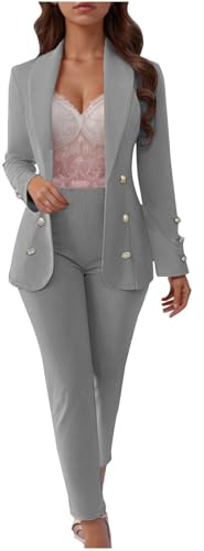 NSICBMNO Gray Women's Trouser Suits Elegant 2 Piece Outfits Double Breasted Blazer Open Front Cardigans Straight Leg Tailored Trousers Co Ord Sets Wedding Formal Outfits For Business Office Work
