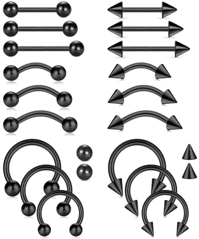 FECTAS 14G Straight Curved Horseshoe Barbells Nipple Piercing Jewelry Tongue Rings Stainless Steel Belly Button Rings Bridge Snake Eyes Eyebrow Body Piercing Jewelry Pack 22pcs Black