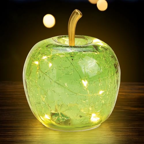 Spetebo LED Crackle Glas äpple 11 cm – grön – dekorativ frukt i krossat glas optik – bord, lampa med trådljuskedja, batteridriven med timer
