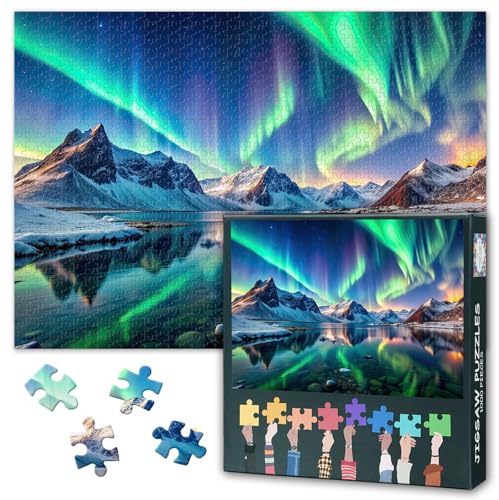 Nordlichter pussel 1 000 bitar – magiskt norrsken på snöiga berg, vinterlandskap 50 x 70 cm, krävande naturmotiv