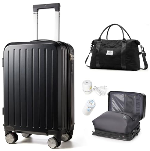 VENATIN Vakuum handgepäck Koffer 55x40x20cm,Koffer Set Mit 1 Trolley handgepäck 2 Vakuumpumpen und 1 Reisetasche,Kleiner Koffer mit Rollen und TSA-Schlos,Schwarz
