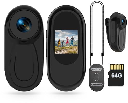 Mini Body Camera HD 1080P Thumb Action Cam, Wearable Body Cam with 64G Card Night Vision 0.9‘ Display Magnetic Pendant, POV Cam Portable Sports Cam for Pet Cycling Vlogging, Gift for Valentine's Day