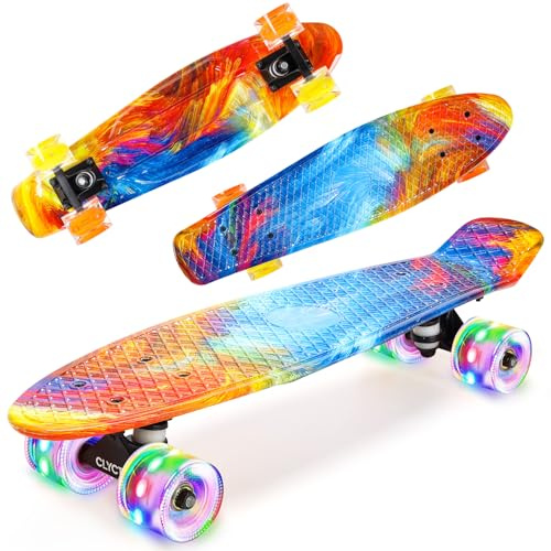 CLYCTIP Skateboard, 22 Zoll komplettes Mini Cruiser Board mit bunten blinkenden Rädern und ABEC-11 Lagern für Kinder, Jungen, Mädchen, Anfänger (Colorful)